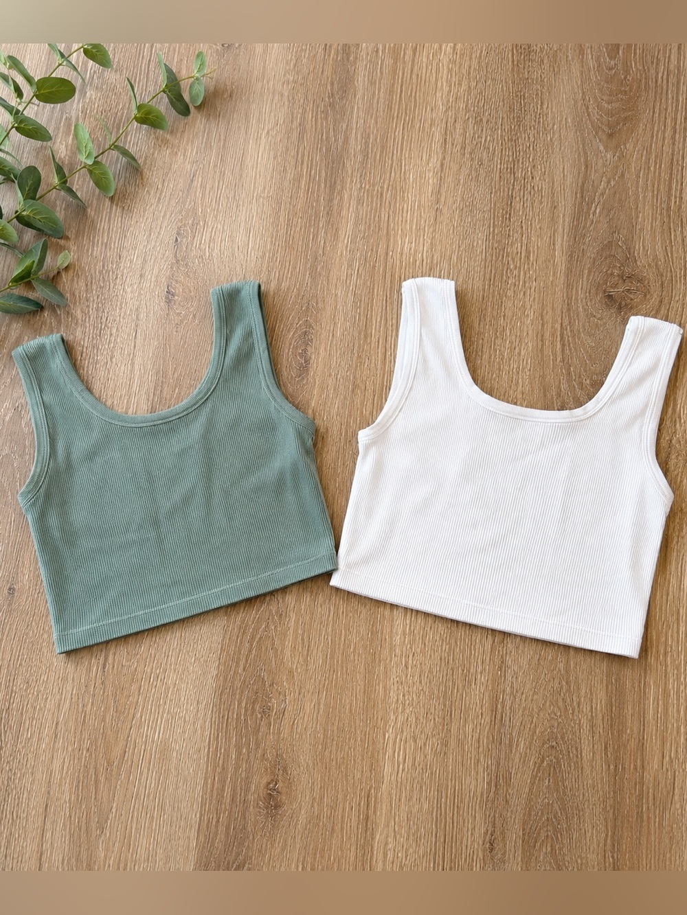 Yogalicious Ribbed Scoop Tank Crop Tops - White & Sage Girls 7/8